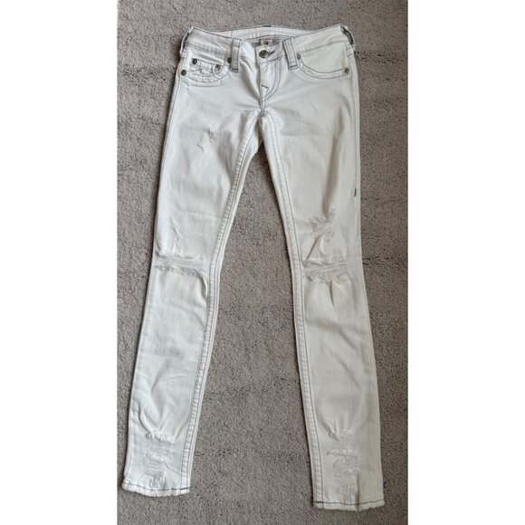 True Religion Jeans Womens Size 25 Skinny White Low Rise 31” Grey Stitching - Picture 4 of 14
